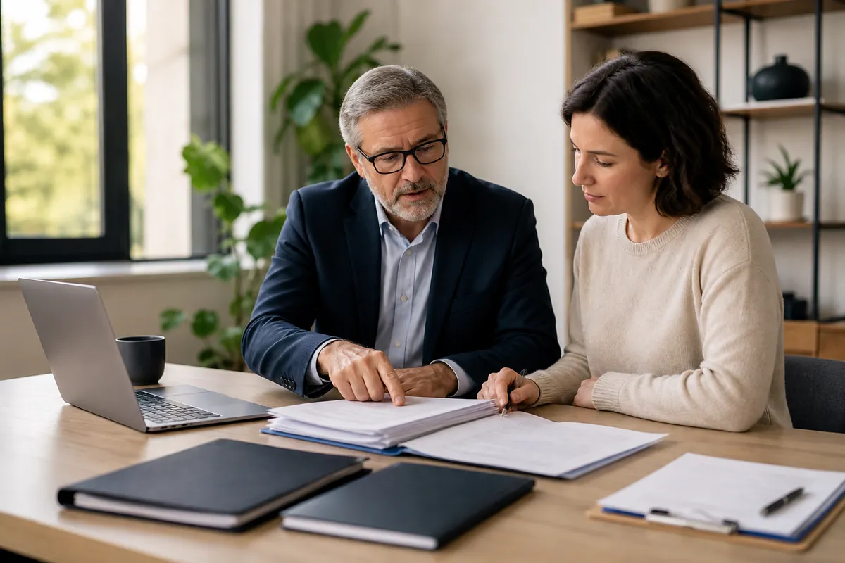 Business owner and tax professional reviewing organized entity-return workpapers
